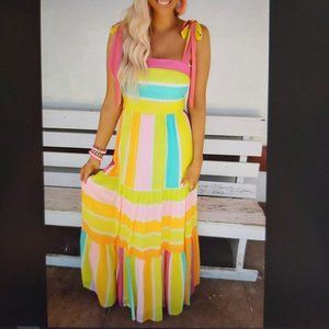 ⭐HOST PICK⭐ 087. Yellow Color Block Striped Bow Knot Straps Maxi Dress  Size M